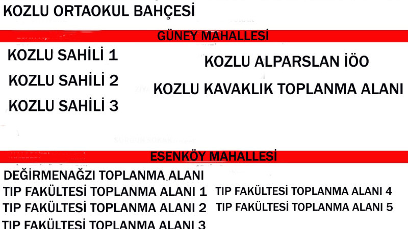 Kozlu Ilçesinin toplanma alanları 